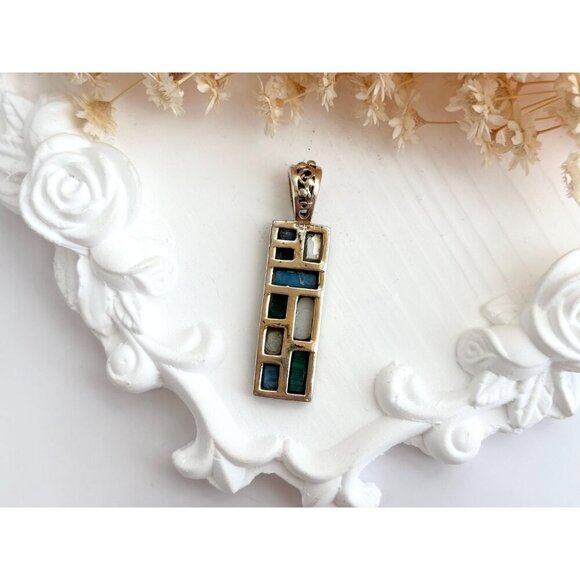 Geometric Malachite, Mother of Pearl & Blue Quartz 925 Sterling Vintage Pendant - Picture 5 of 10